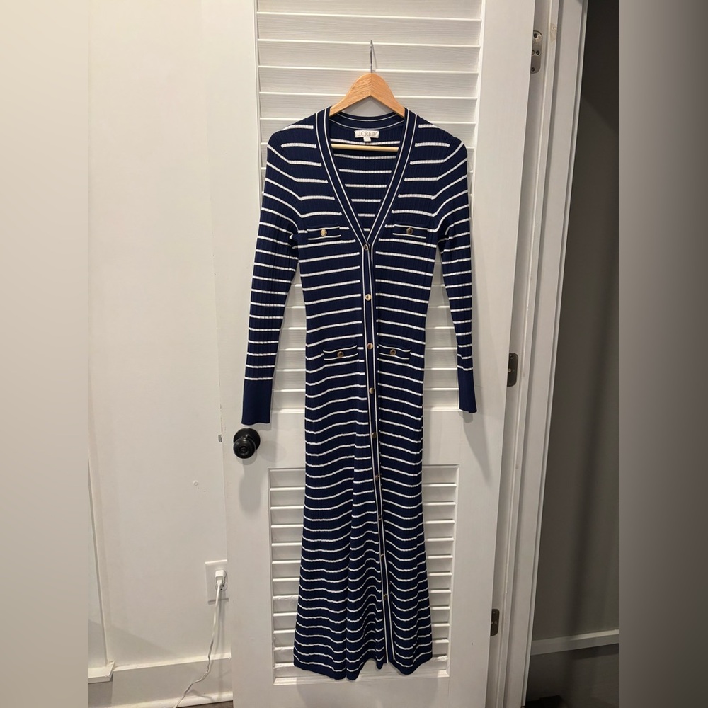 J. CREW Button-Up Sweater Dress in Stripe Navy White Midi Size Small - Picture 3 of 8